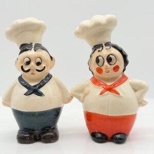 Vintage Ceramic Bug Eyed Mr. & Mrs. Chef 3.5" Salt & Pepper Shakers Japan